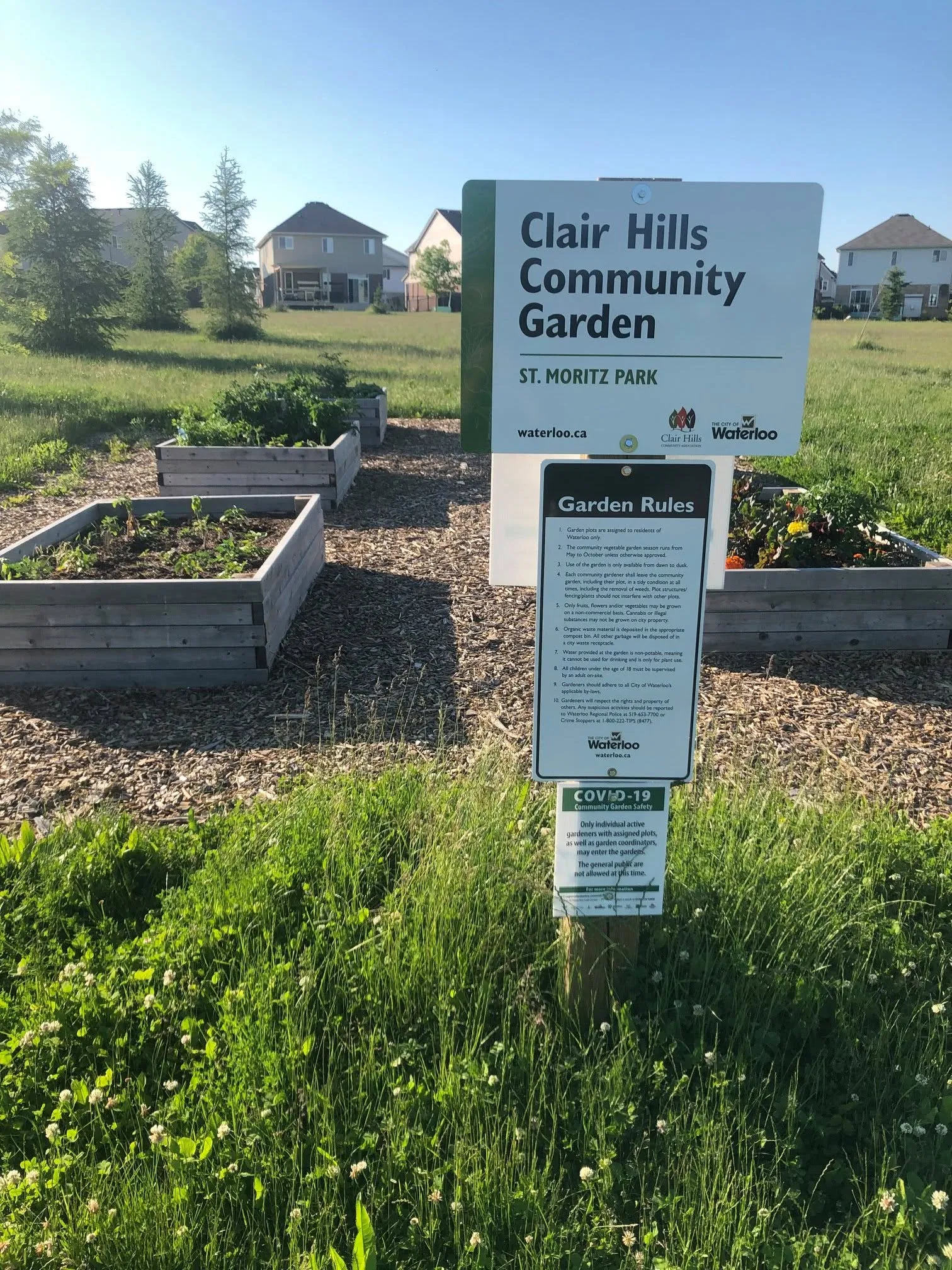 The Clair Hills Community Garden sign at St. Moritz Park, raised beds and tall grass behind.